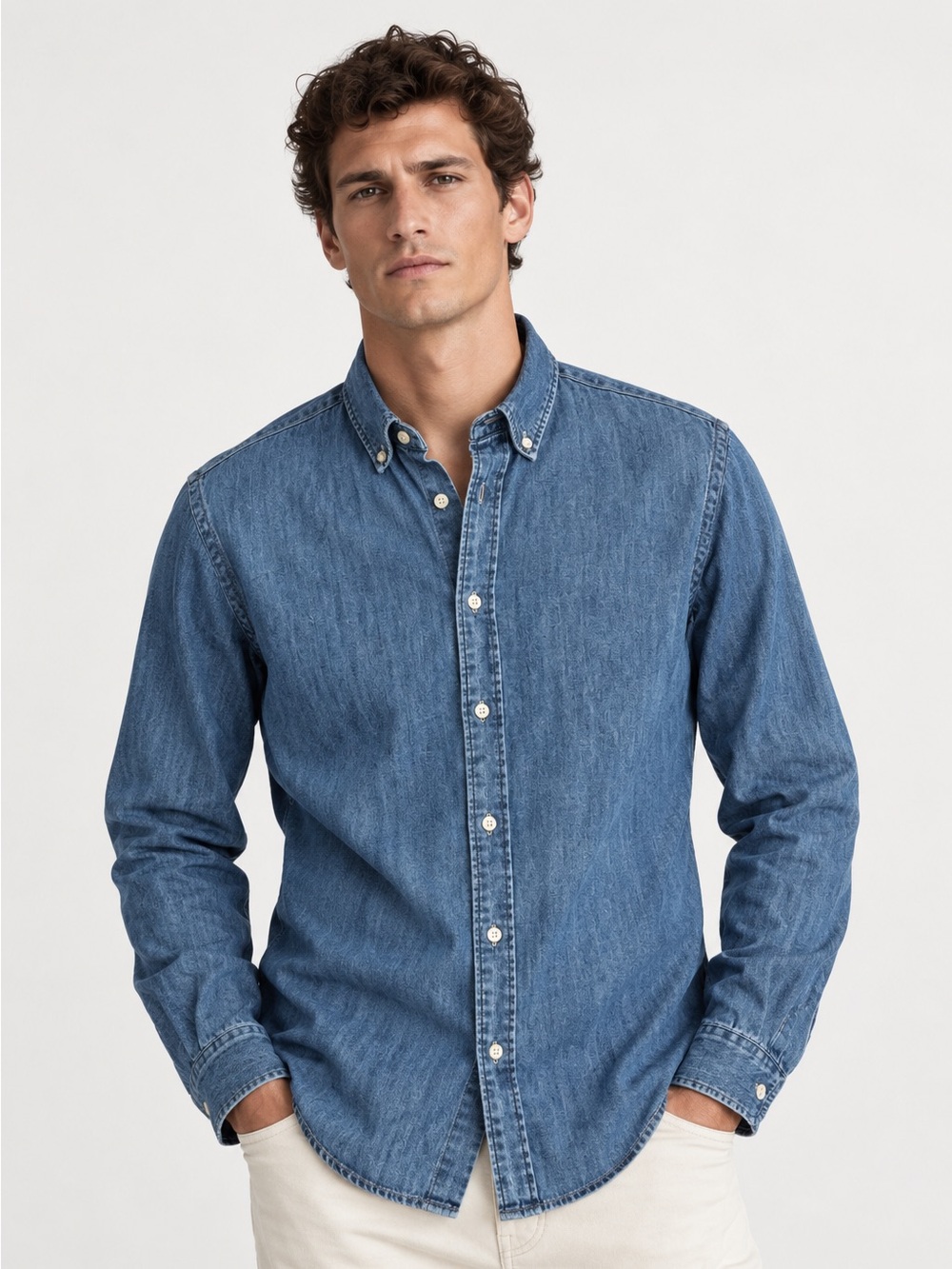 Zara Denim Button Down Shirt S Relaxed Fit Chambray Long Sleeve Men’s